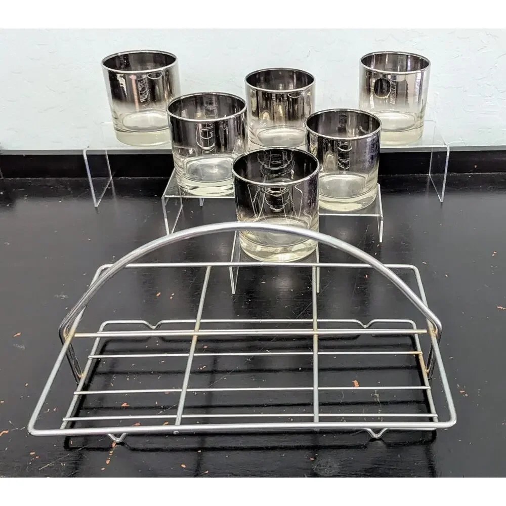 MCM Barware Glass with Caddy set of 6 clear silver 8 oz Dorothy Thorpe Madmen